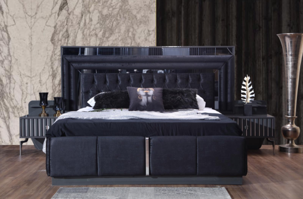 Black bedroom set luxury ensemble bed 2x nightstands wardrobe