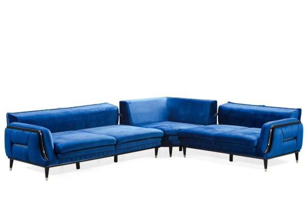 Blue L-shaped upholstered sofa designer corner couch textile cover living room furniture