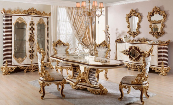 Golden Classic Dining Room Set Dining Table 6x Chairs Sideboard Mirror