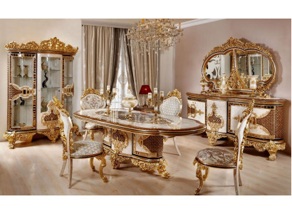 Luxurious dining room set white-gold dining table 4x chairs sideboard 6-piece furniture