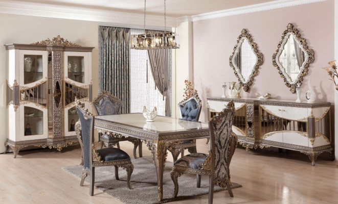 White-Taupe Dining Room Set Dining Table Dining Chairs Sideboard Mirror