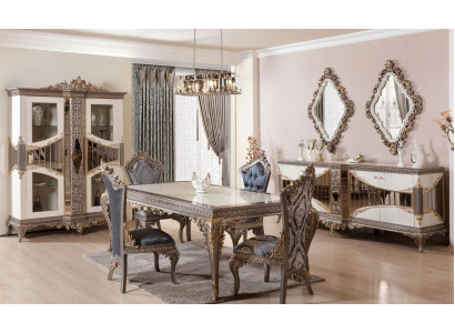 White-Taupe Dining Room Set Dining Table Dining Chairs Sideboard Mirror