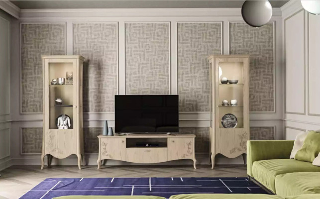 Living room RTV display cabinet sideboard shelf luxury living room beige set 3-piece.