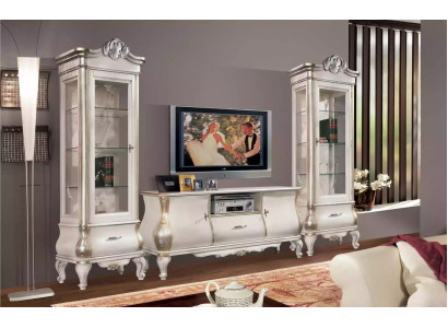 Classic white wall unit TV stands 2x display cabinets elegant 3-piece cabinet set