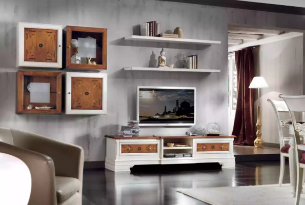 Living Room Wall Unit Set White Lowboard Wall Shelves 7-Piece Set Wall Units