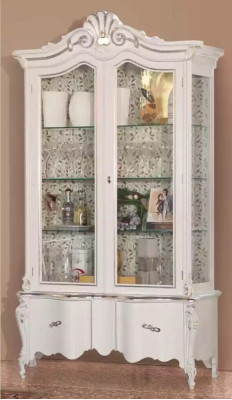 Luxurious white wooden display cabinet with classic furniture design cupboard vitrine.