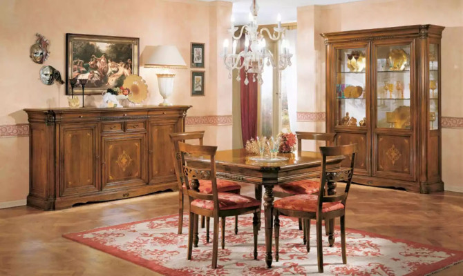 Dining table, 4x chairs, dining room set, 7-piece set, table, chair, display cabinet, wood