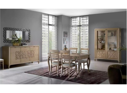 Design dining room set with dining table, 8-piece wood furniture, sideboard, 4x chairs, new.