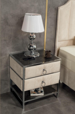 Bedroom Set Beige Metal Bed Luxury 2x Nightstands Elegant 3-piece Set