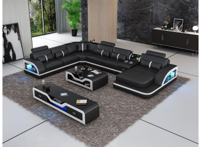 Black corner sofa with 2-piece coffee table, living room leather sofa set, corner suite, table