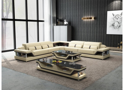 Black sectional sofa with coffee table 3-piece. Living room leather sofa set corner suite table.