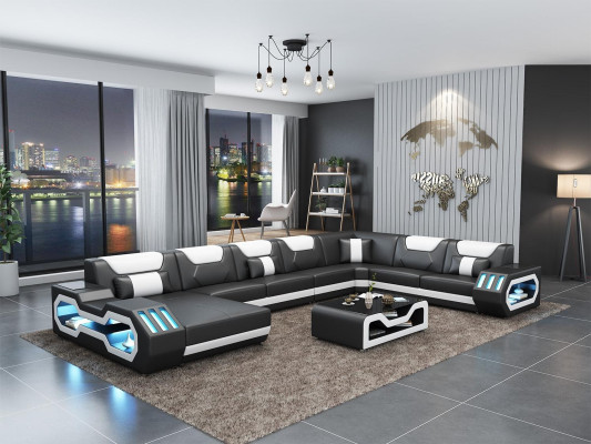 U-shaped sectional sofa coffee table couch design gray upholstery leather modern living area