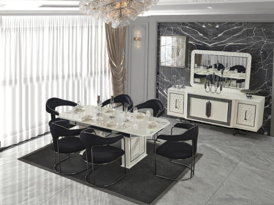 Dining room set: dining table, 4x chairs, table, armchair, sideboard, mirror, 7-piece set