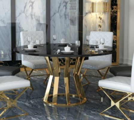 Dining Room Set Modern Dining Table + 6 Armchairs Metal Leather Set