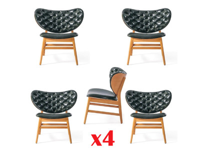 Design chair set of 4x armchairs made from solid wood with upholstered fabric seats for the dining room.