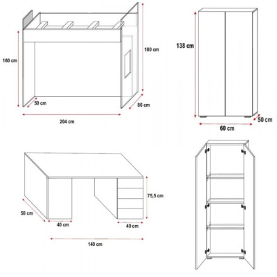 Black bunk bed wood loft bed girl high-gloss desk cabinet