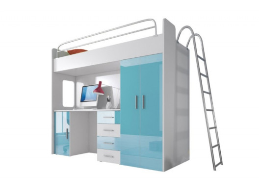 Blue bunk bed wooden loft bed for girls high-gloss with desk and wardrobe