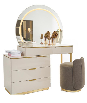 Luxury Complete Bedroom Set Beige Gold Dresser Bed Nightstand 7pcs. Glossy