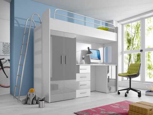BUNK BED LOFT BED WITH DESK + WARDROBE - RAJ 4D PURPLE