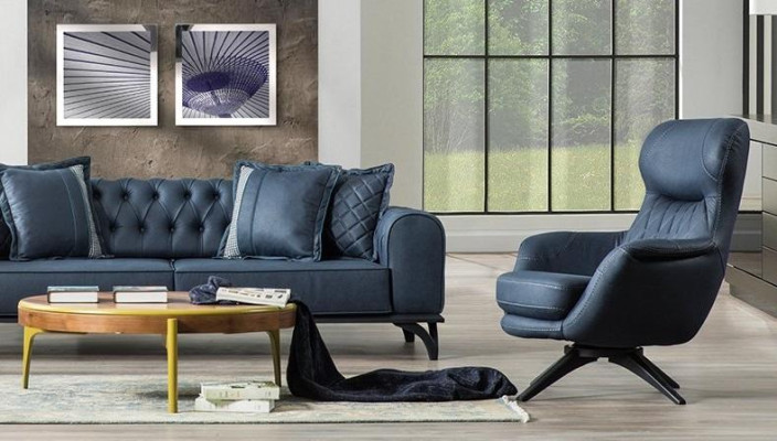 1-seater armchair, comfortable modern style, medium-soft, blue, luxurious