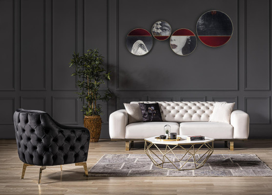 Three-seater Chesterfield sofa, 3-seater sofas, white fabric, living room, luxury
