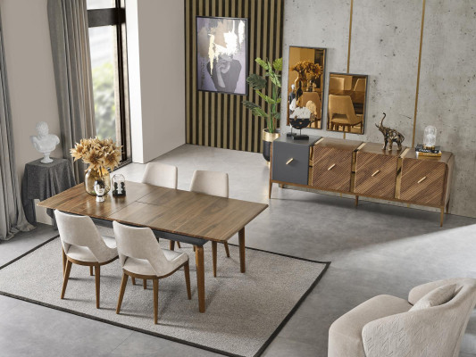 A laconic, modern chair with high wooden legs and upholstery in a pleasant, light cream color for the dining room.