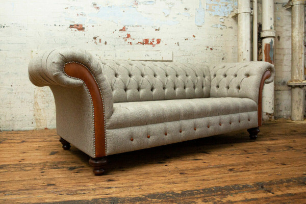 Gray Chesterfield Three-Seater Couch Upholstery Design Sofa Modern 3-Seater