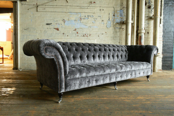 Designer Chesterfield Gray Luxury Couch Sofa 4-Seater Fabric Sofa