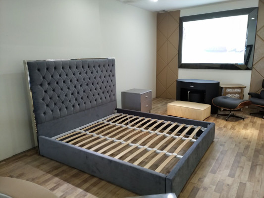 Large stylish Chesterfield gray double bed textile beds luxury design