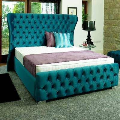 Chesterfield Turkish Green Designer Bed Bedroom Textile Leather Upholstery 180x200 cm