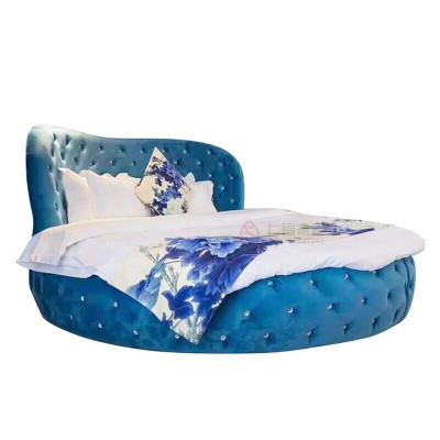 Round Chesterfield Design Bed Bedroom Textile Leather Upholstery Purple Round Luxury