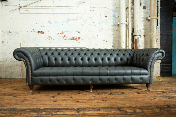 Gray Chesterfield 4-Seater Large Sofa Couch Textile Leather Upholstered Sofas