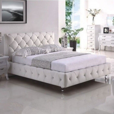 White Upholstered Chesterfield Double Bed Textile Bedroom Furniture