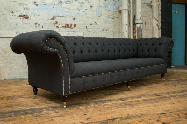 Black Chesterfield textile leather sofa couch upholstery big seat cushion XXL 265cm