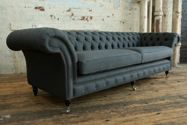 Original Chesterfield textile leather sofa couch upholstery big seat cushion gray 265cm