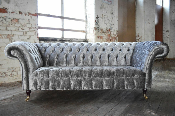 Three-seater silver couch upholstered design sofa 3-seater Chesterfield sofa