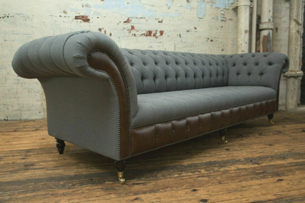 Design Chesterfield Sofa 4-Seater Grey Couch Upholstery Leather Sofas Living Room New