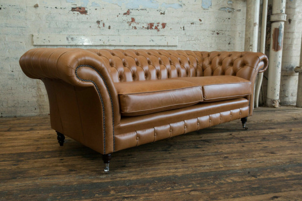 Sofa 3-seater couch Chesterfield upholstered seating set leather brown textile