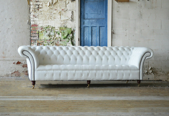 Classic Chesterfield Couch 4-Seater Sofa Couch Velvet Leather Design big white