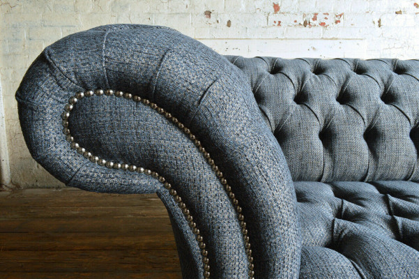 Gray Textile Chesterfield Three-Seater Luxury 3-Person Couch Designer Sofa