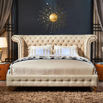 Classic bedroom bed beige textile leather upholstery double bed 180x200cm