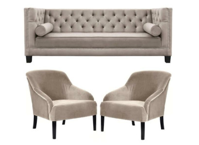 Chesterfield Beige Armchair Luxury Furniture Sets Textile Fabric Sofa Group New