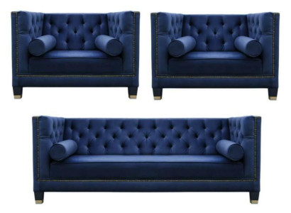 Chesterfield Blue Sofa Set 3-Piece Set Couch Upholstery Seating Group