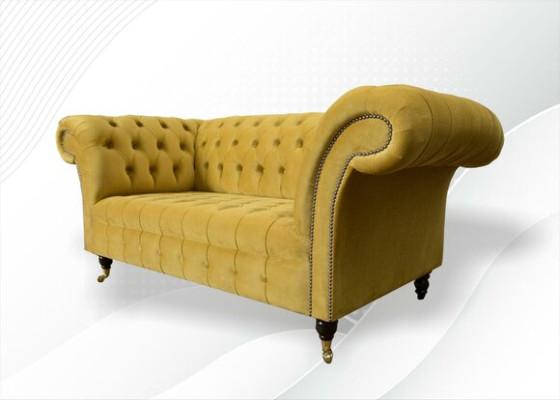 Chesterfield Design Luxury Upholstered Sofa Couch 2-Seater Suite Fabric Yellow New