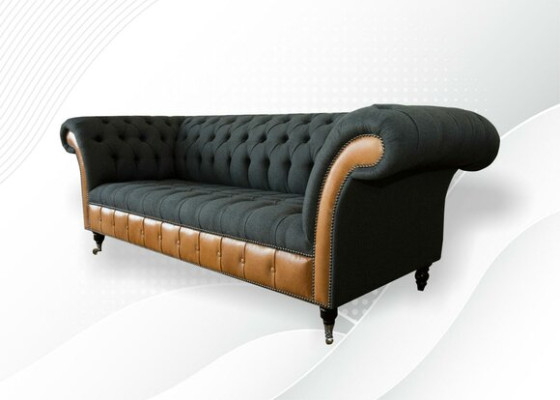 Fabric Couch Living Landscape 3-Seater Design Sofa Sofas Couches Gray Chesterfield