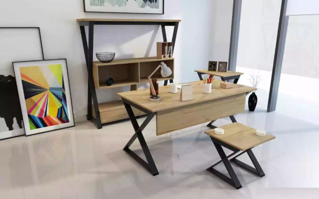 Brown furniture set: desk, bookshelf, coffee tables, console table, 4-piece.