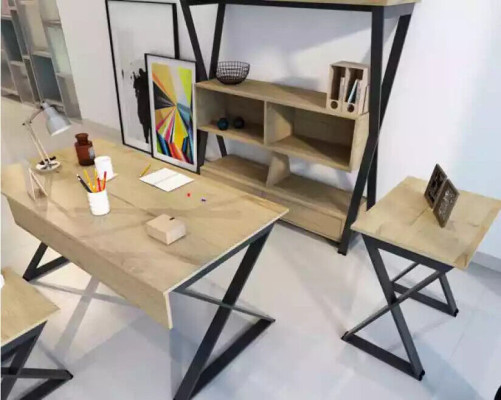 Brown furniture set: desk, bookshelf, coffee tables, console table, 4-piece.