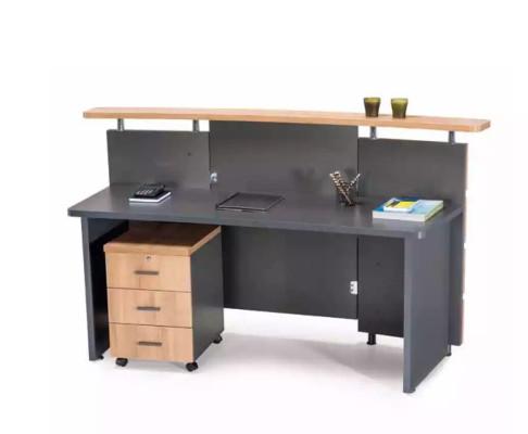 Modern reception counter with chest of drawers made of gray wood, new office furniture