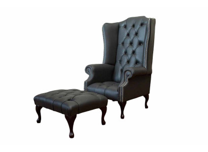 Armchair with stool designer upholstered armchair Chesterfield wingback chair new