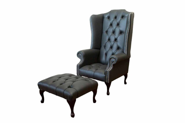 Armchair with stool designer upholstered armchair Chesterfield wingback chair new